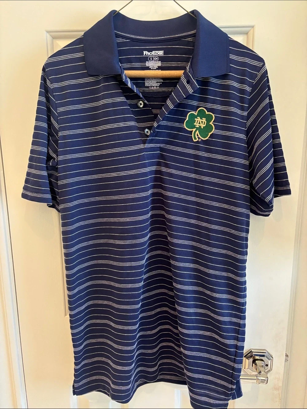 Navy Striped Polo Shirt with University of Notre Dame Clover Patch